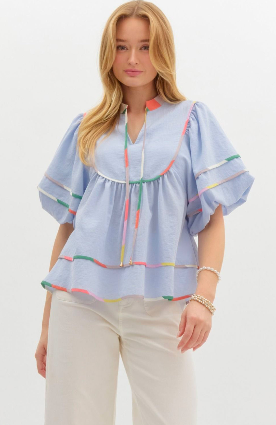 Blue Solid Short Puff Sleeve V-Neck Top, Contrasting Multi-colored Trim Detail, Self-tie detail at neckline