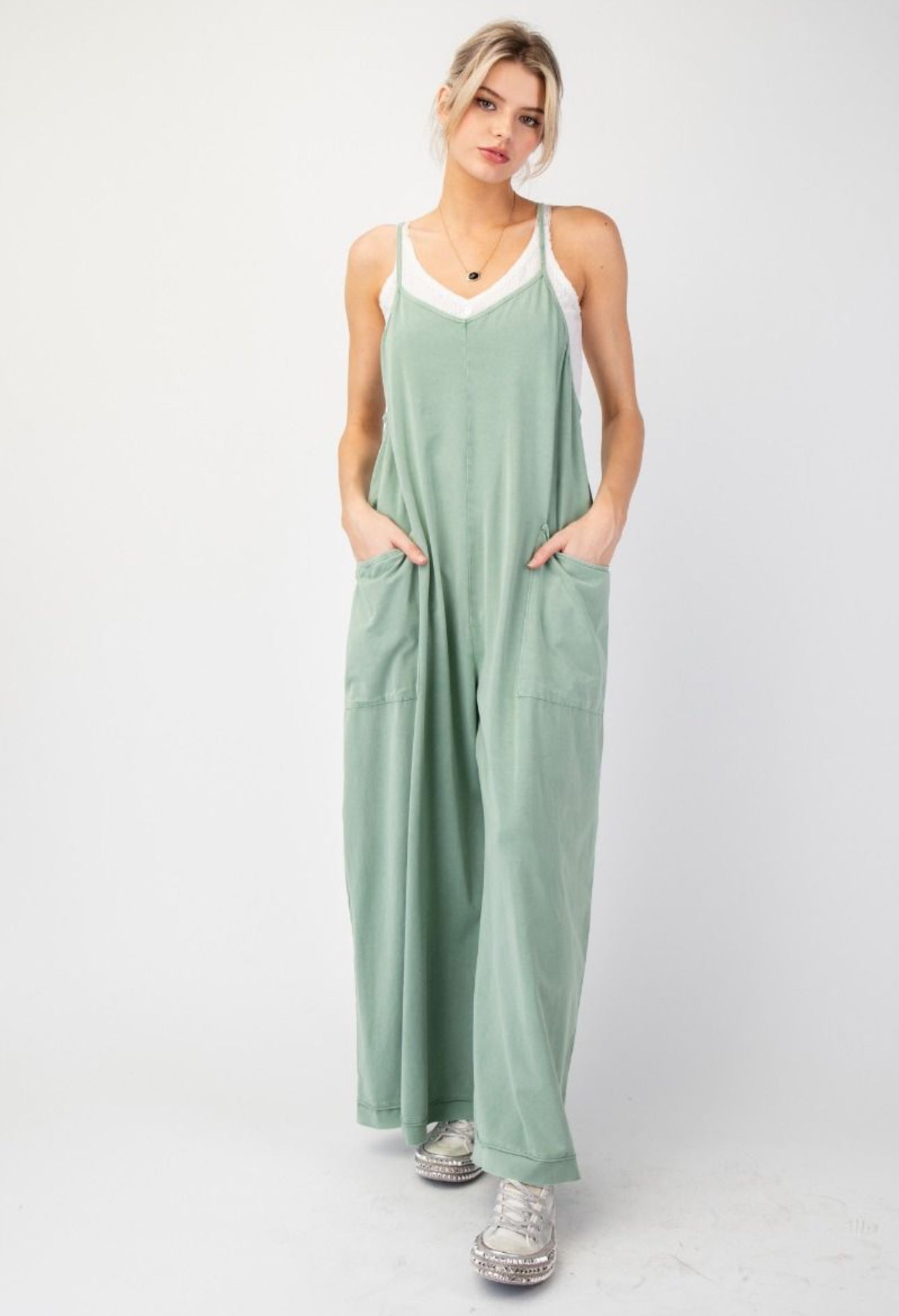 Sage-Mineral Washed Jumpsuit