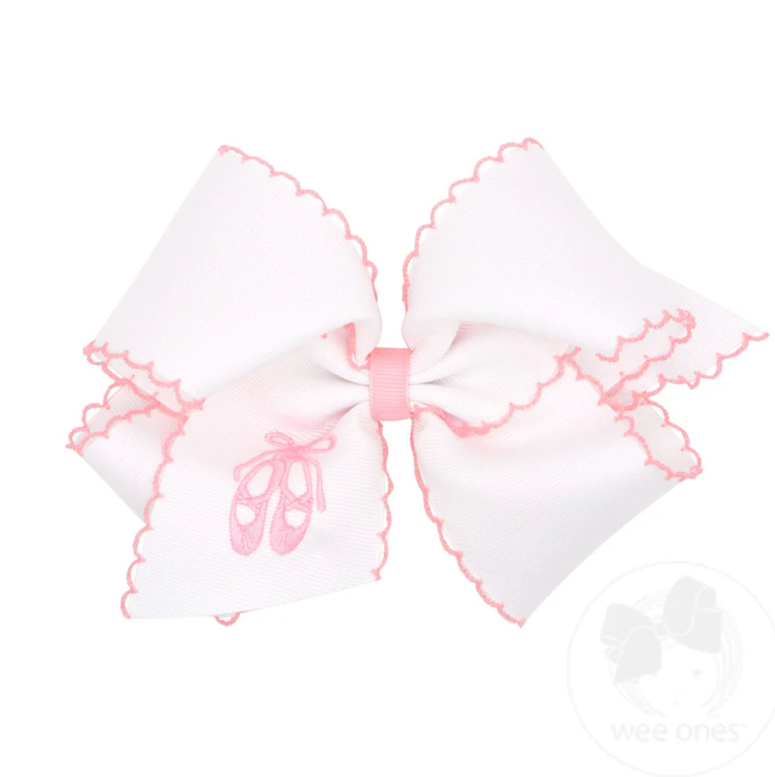 King Grosgrain Hair Bow with Pink Moonstitch Edge and Ballet Slippers Embroidery