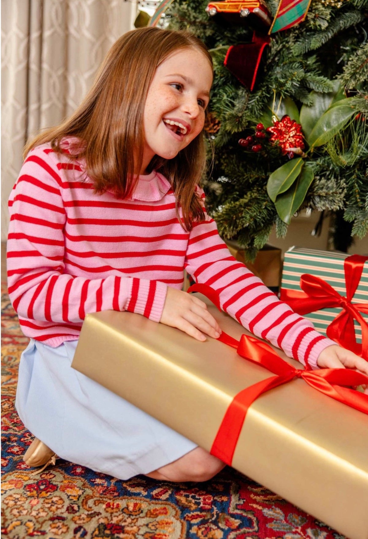 Reece Ruffle Sweater-Richmond Red and Pier Party Pink Stripe