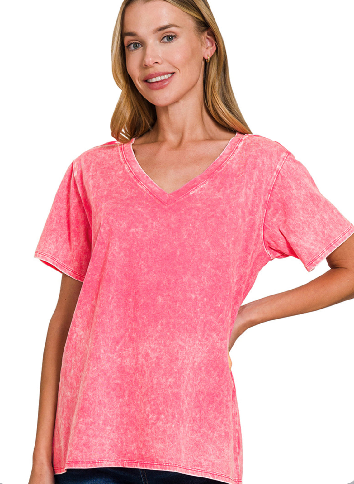 Fuchsia-WASHED SHORT SLEEVE V-NECK TOP