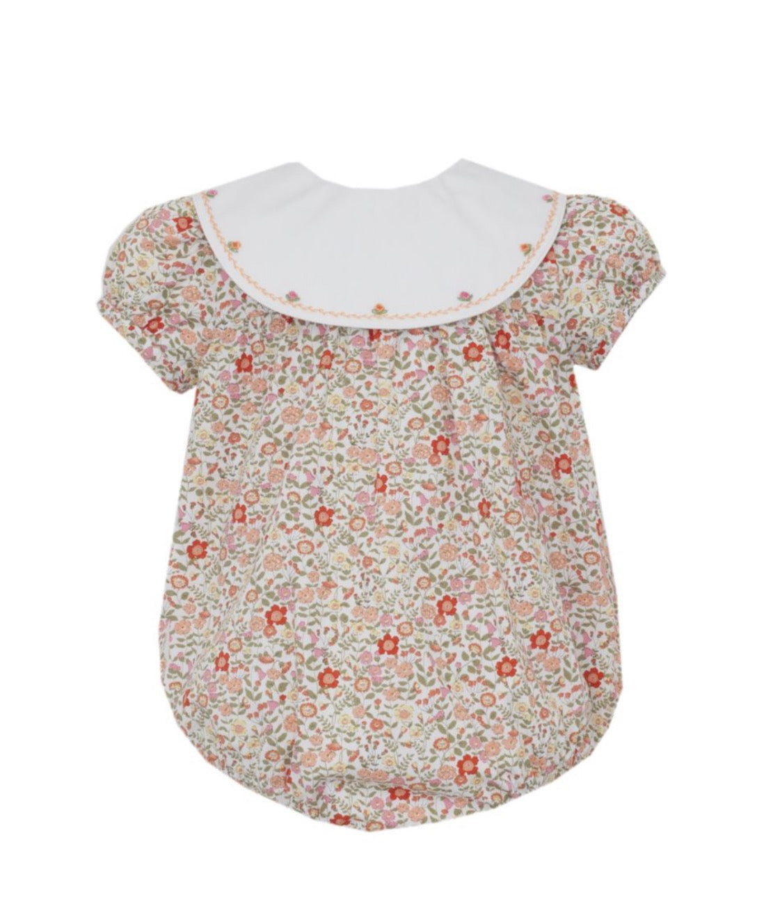 Orange Liberty Print Girl's Short Bubble w/ Round Collar w/ Embroidery
