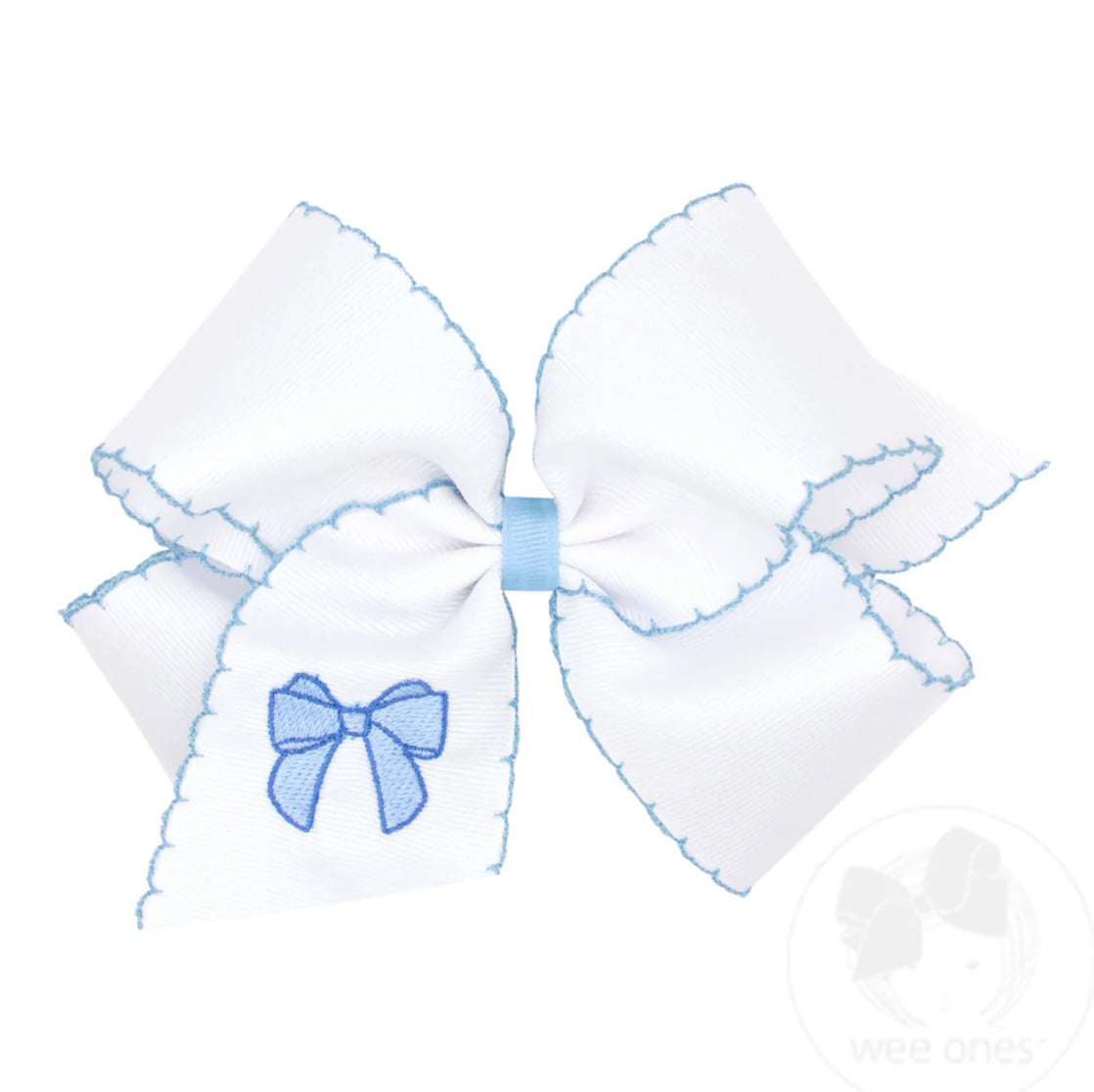 King Grosgrain Hair Bow with Moonstitch Edge and Millenium Blue Bow Embroidery