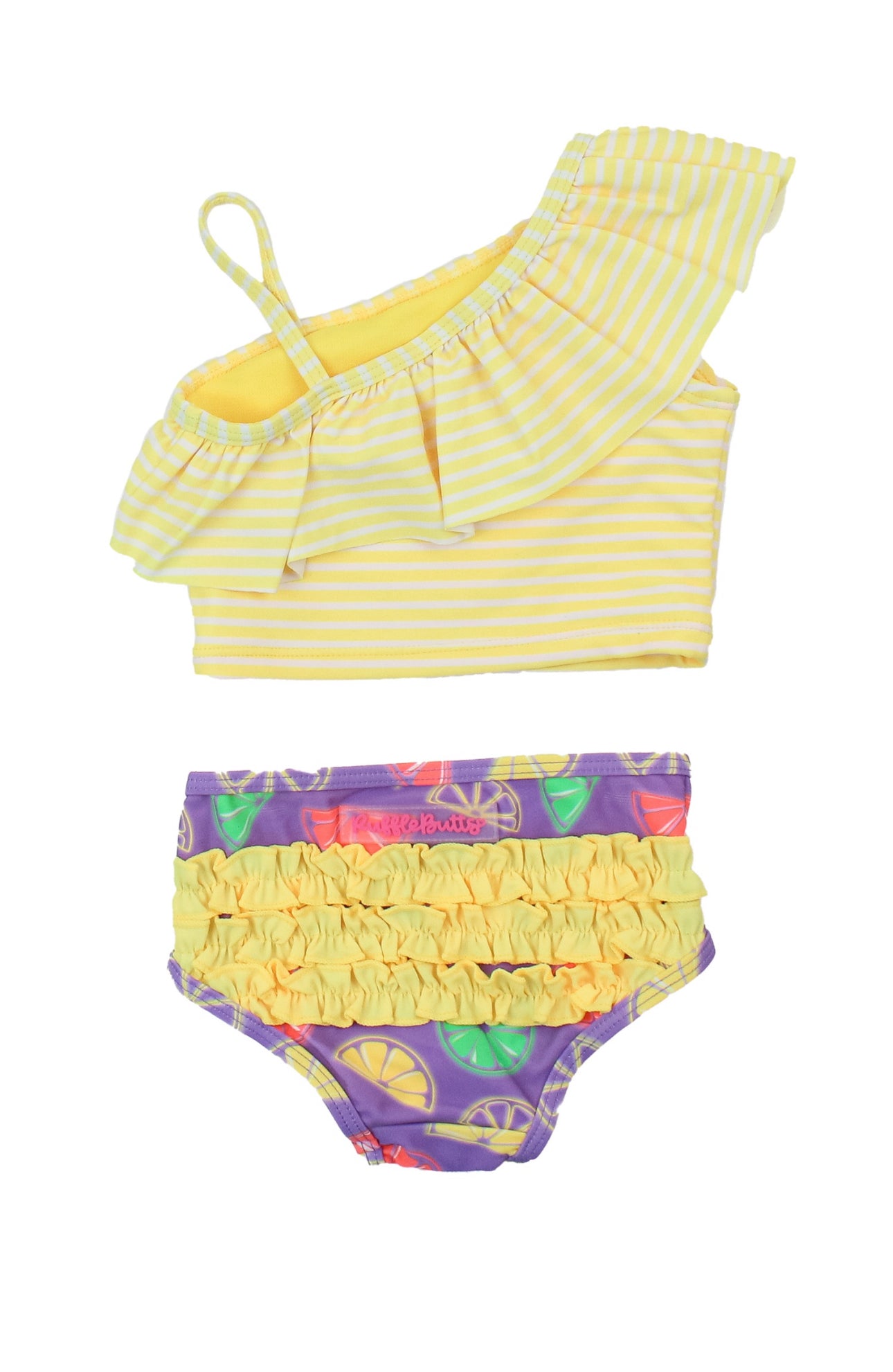 One Shoulder Ruffle Tankini-Neon Purple Citrus