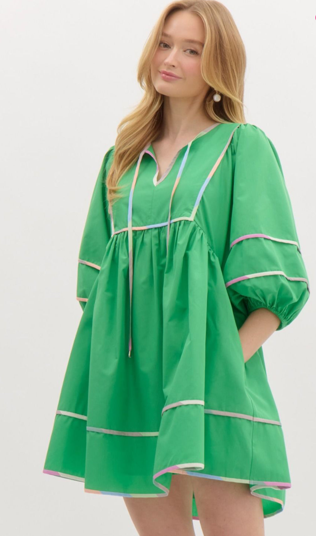 Green Solid Split V-Neck Mini Dress, Accented Multicolor Binding Over Seems. Pockets.
