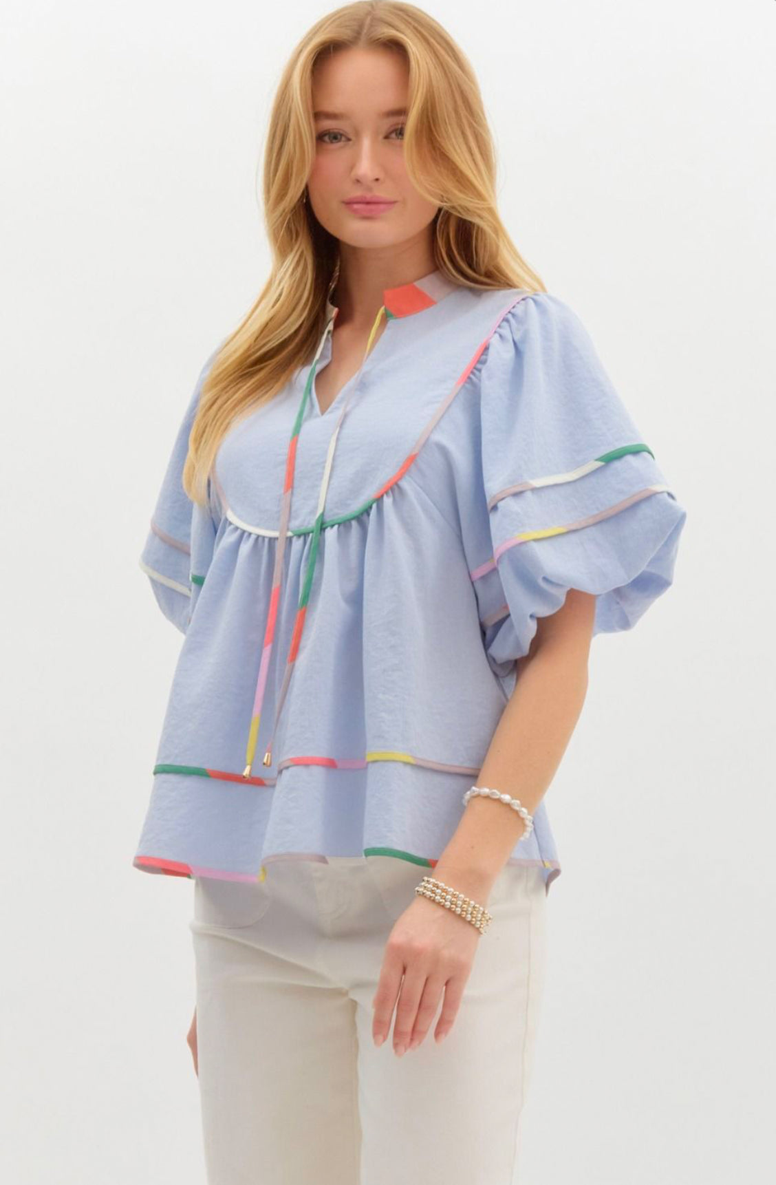 Blue Solid Short Puff Sleeve V-Neck Top, Contrasting Multi-colored Trim Detail, Self-tie detail at neckline