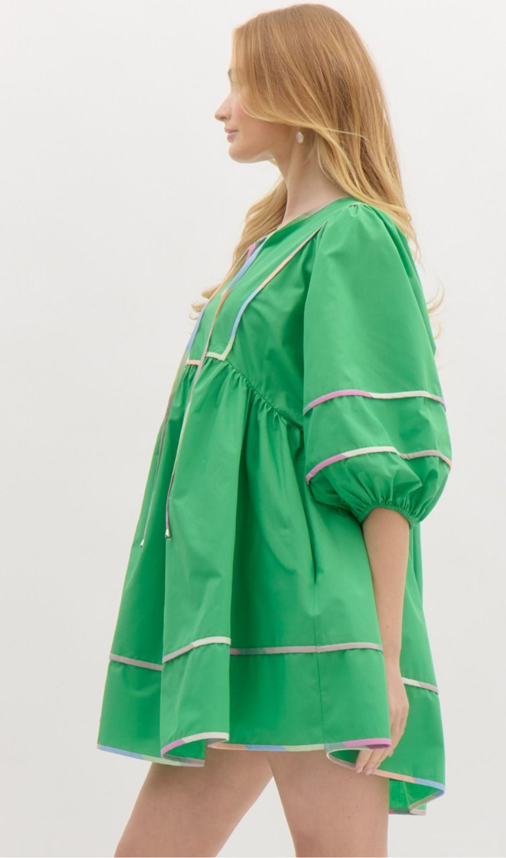 Green Solid Split V-Neck Mini Dress, Accented Multicolor Binding Over Seems. Pockets.