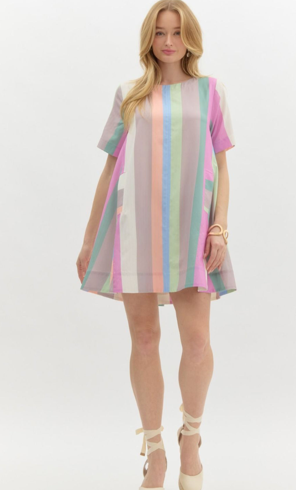 Pastel Multicolored Striped Round Neck Mini Swing Dress . With Pockets.