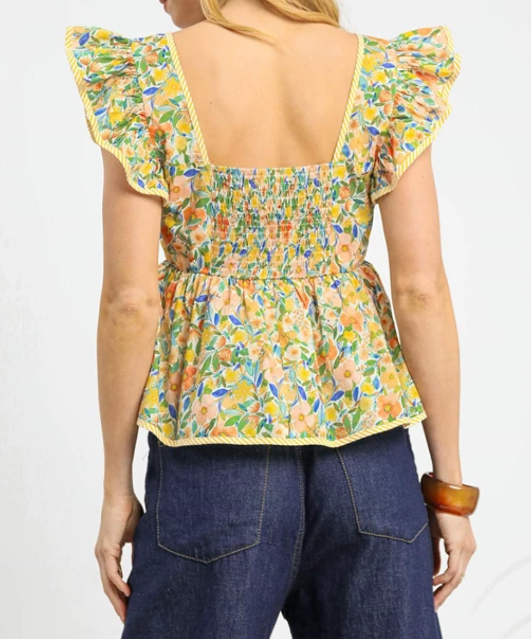 Yellow-Ruffle Sleeve Floral Peplum Top