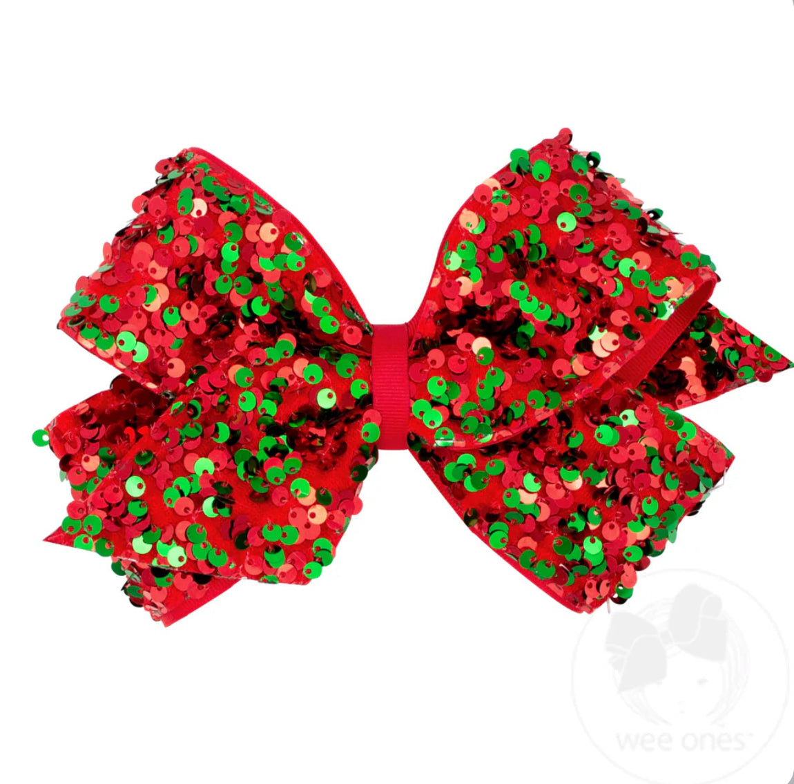 King Red and Green Velvet Sequin and Grosgrain Overlay Hair Bow