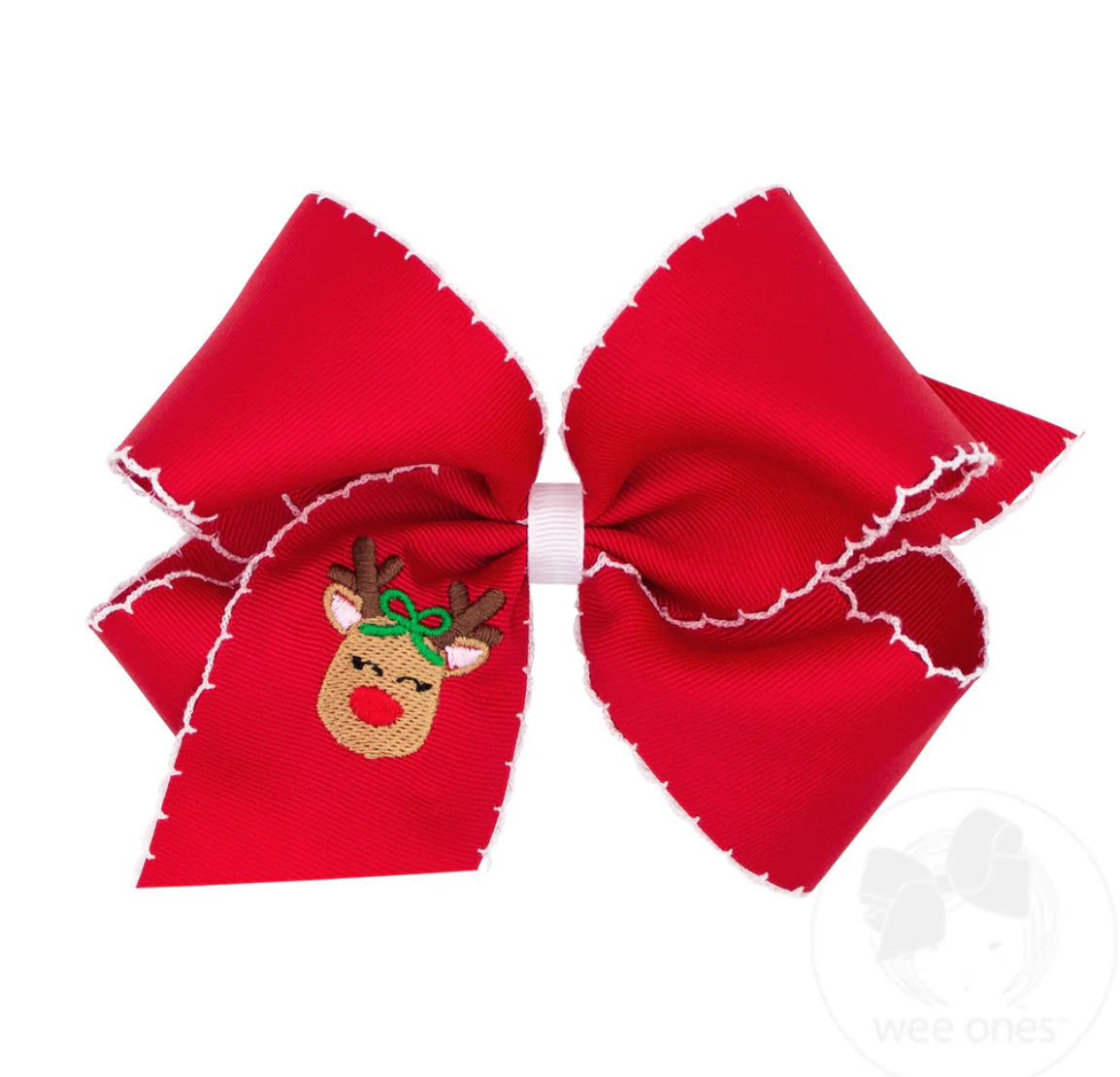 King Grosgrain Hair Bow with Moonstitch Edge and Reindeer Embroidery