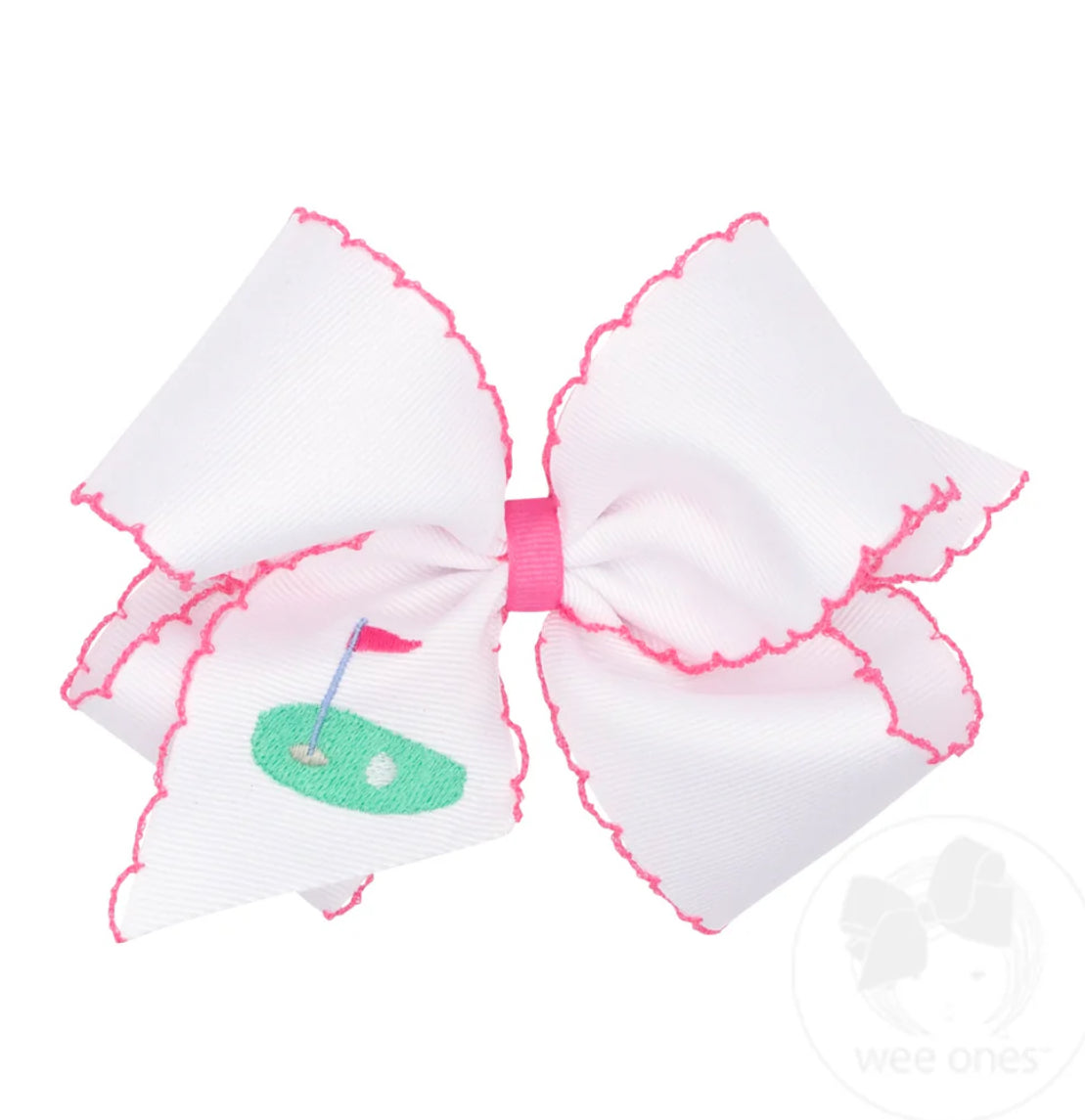King Grosgrain Hair Bow with Moonstitch Edge and Country Club Golf Green Embroidery