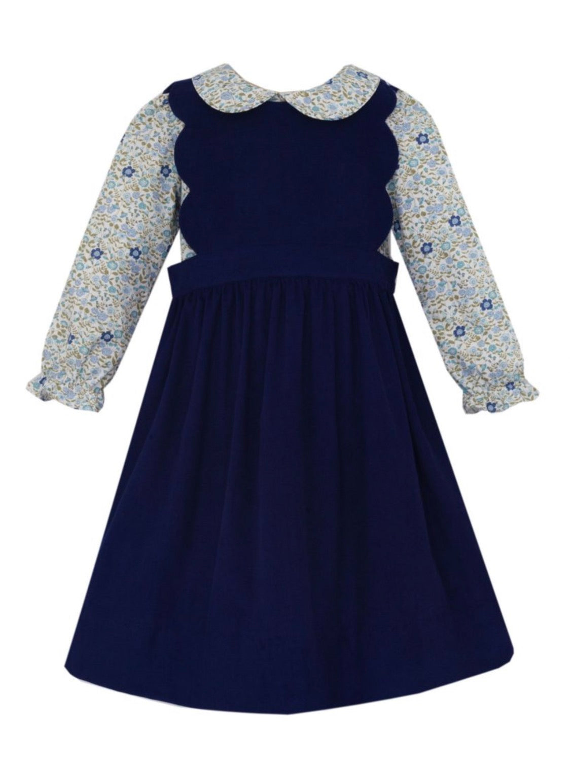 Navy Blue Corduroy Scalloped Jumper w/ Navy Blue Floral Blouse L/S - SET
