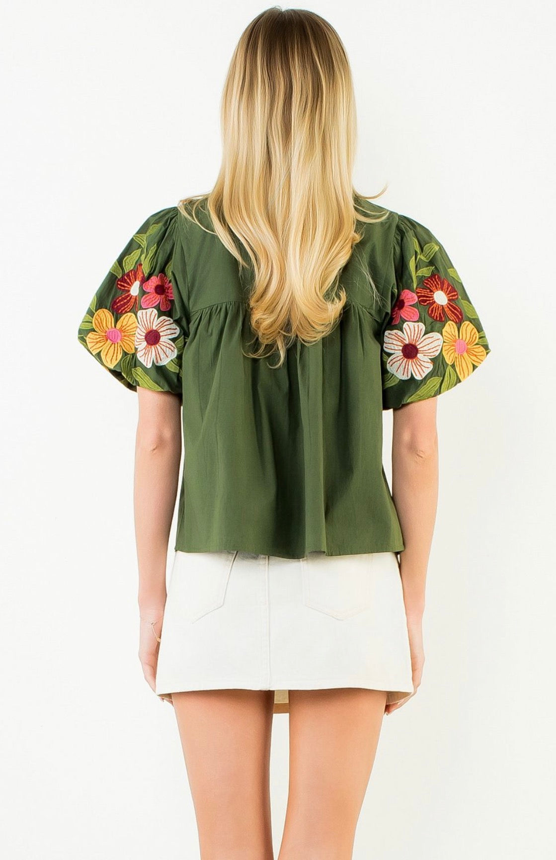 Olive- Floral Embroidery Puff Sleeves Tassel Top