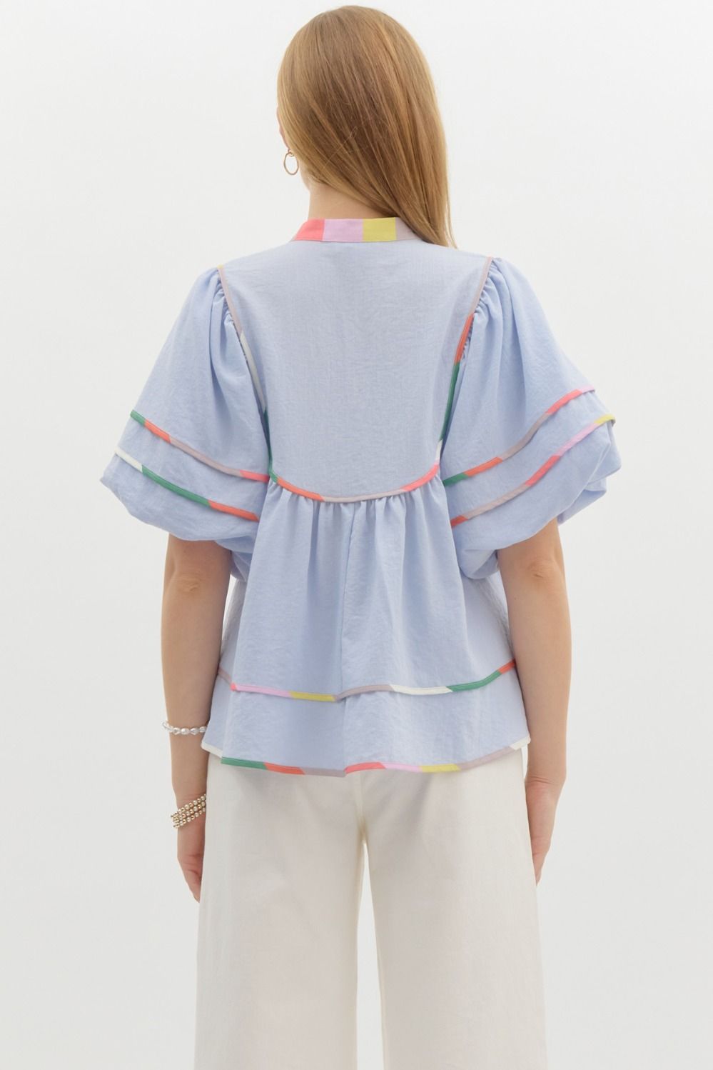 Blue Solid Short Puff Sleeve V-Neck Top, Contrasting Multi-colored Trim Detail, Self-tie detail at neckline