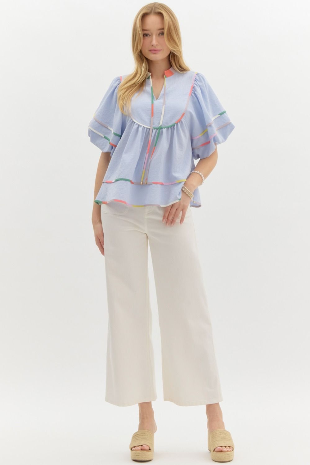 Blue Solid Short Puff Sleeve V-Neck Top, Contrasting Multi-colored Trim Detail, Self-tie detail at neckline