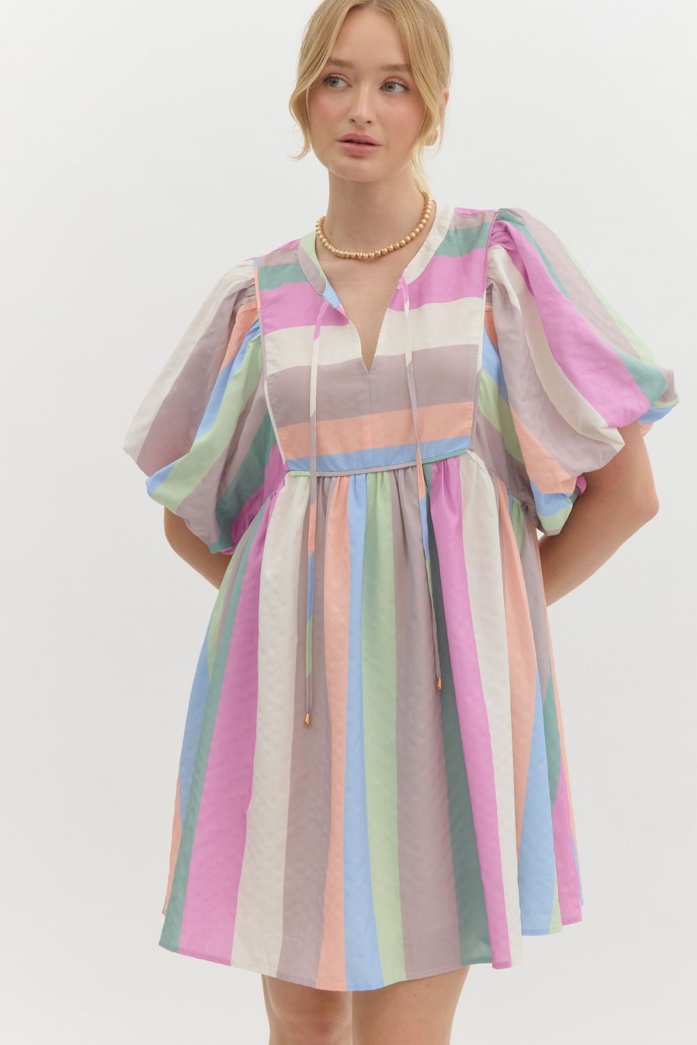 Pastel Multicolor Striped Bubble Sleeve Babydoll Dress, Self Tie At Neck