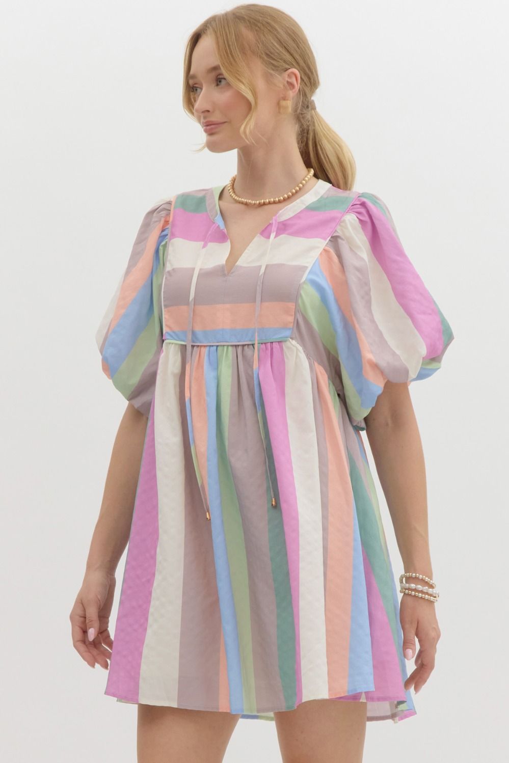 Pastel Multicolor Striped Bubble Sleeve Babydoll Dress, Self Tie At Neck