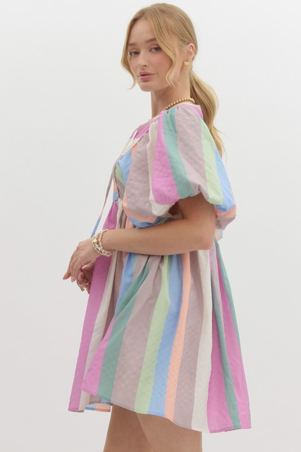 Pastel Multicolor Striped Bubble Sleeve Babydoll Dress, Self Tie At Neck