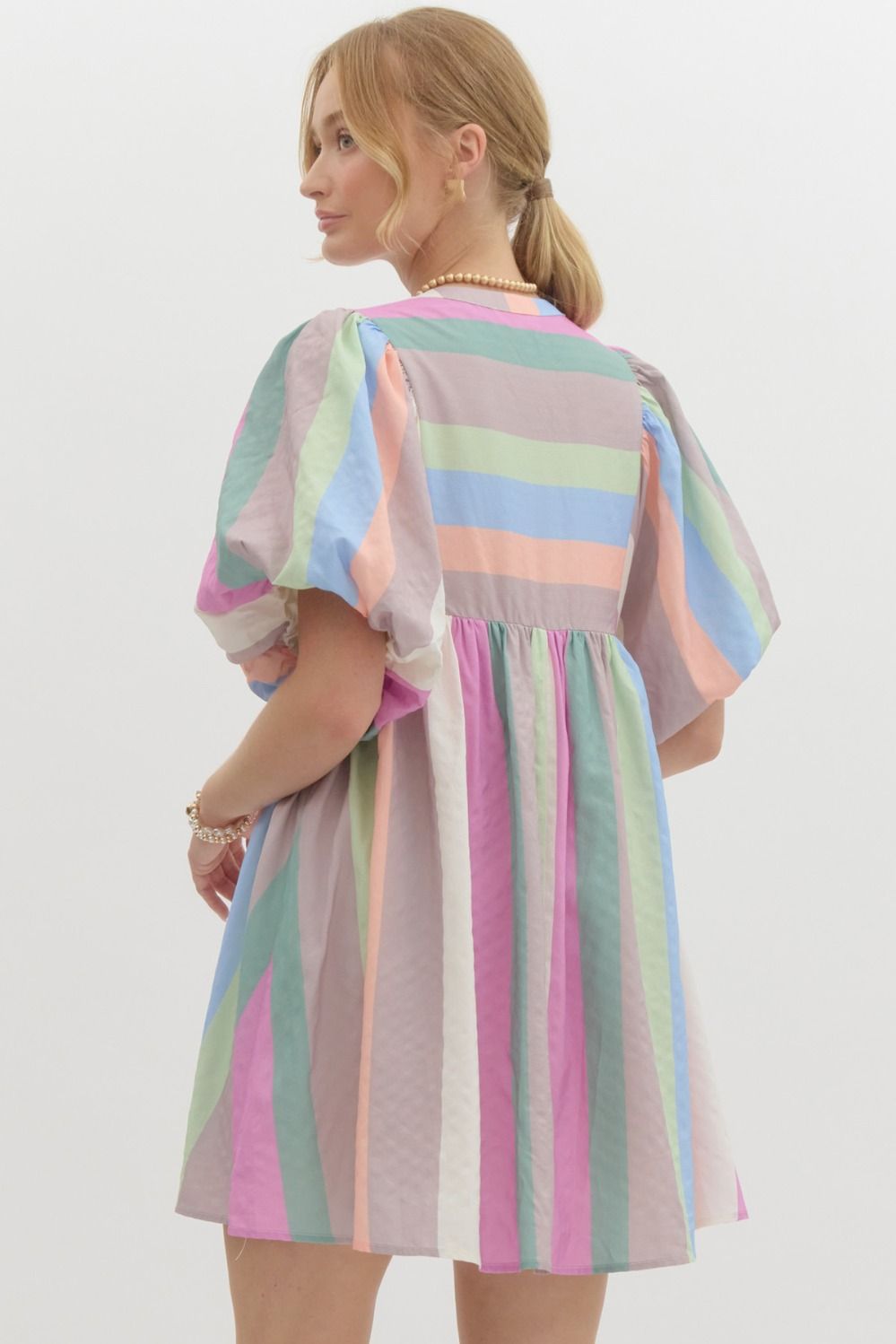 Pastel Multicolor Striped Bubble Sleeve Babydoll Dress, Self Tie At Neck