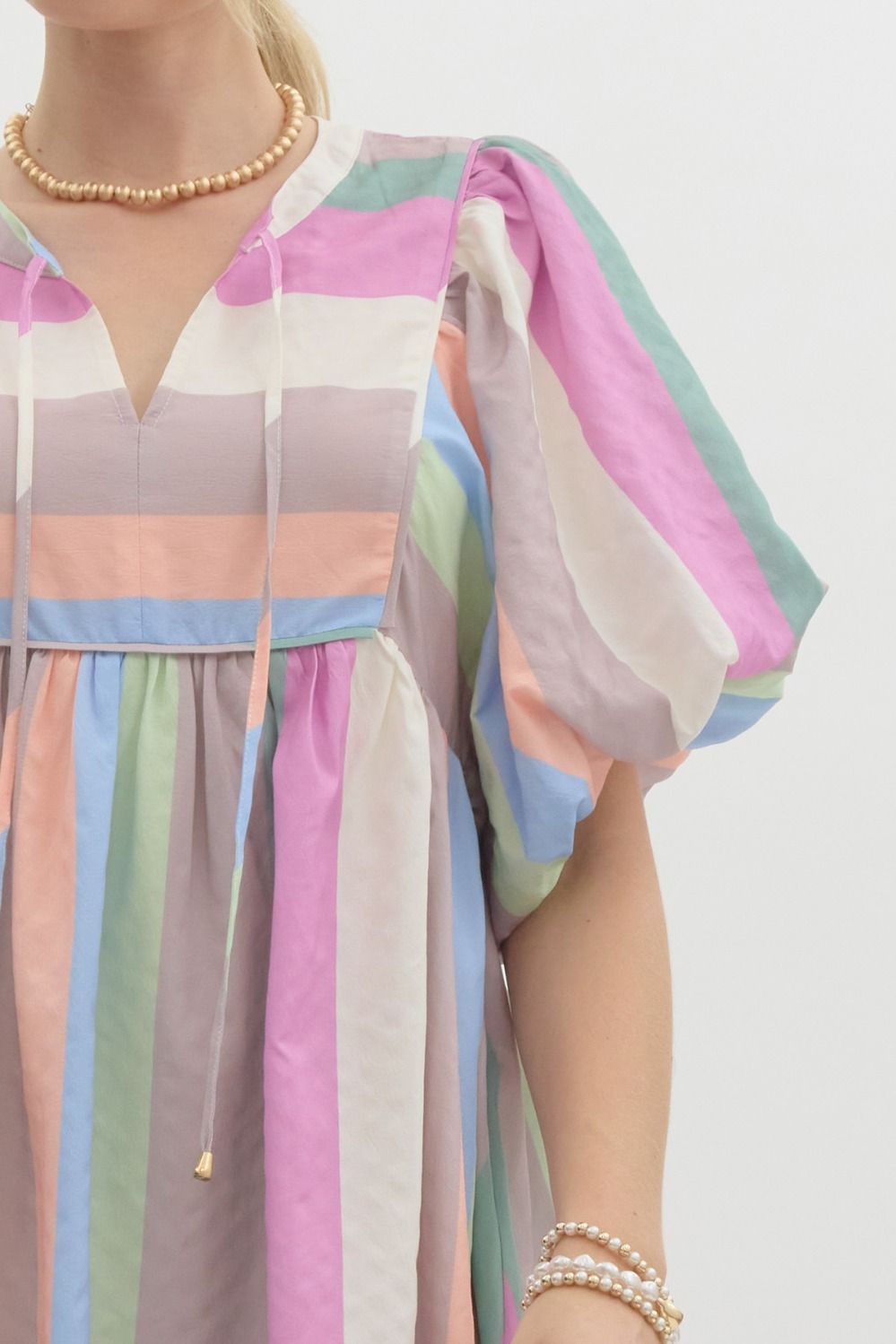Pastel Multicolor Striped Bubble Sleeve Babydoll Dress, Self Tie At Neck