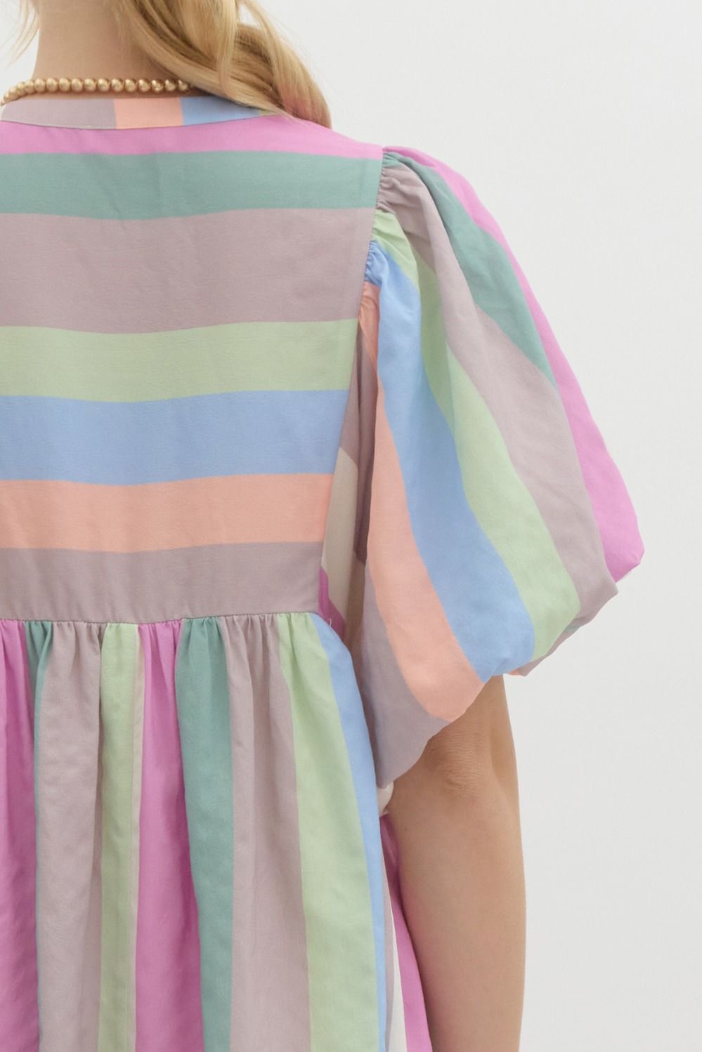 Pastel Multicolor Striped Bubble Sleeve Babydoll Dress, Self Tie At Neck