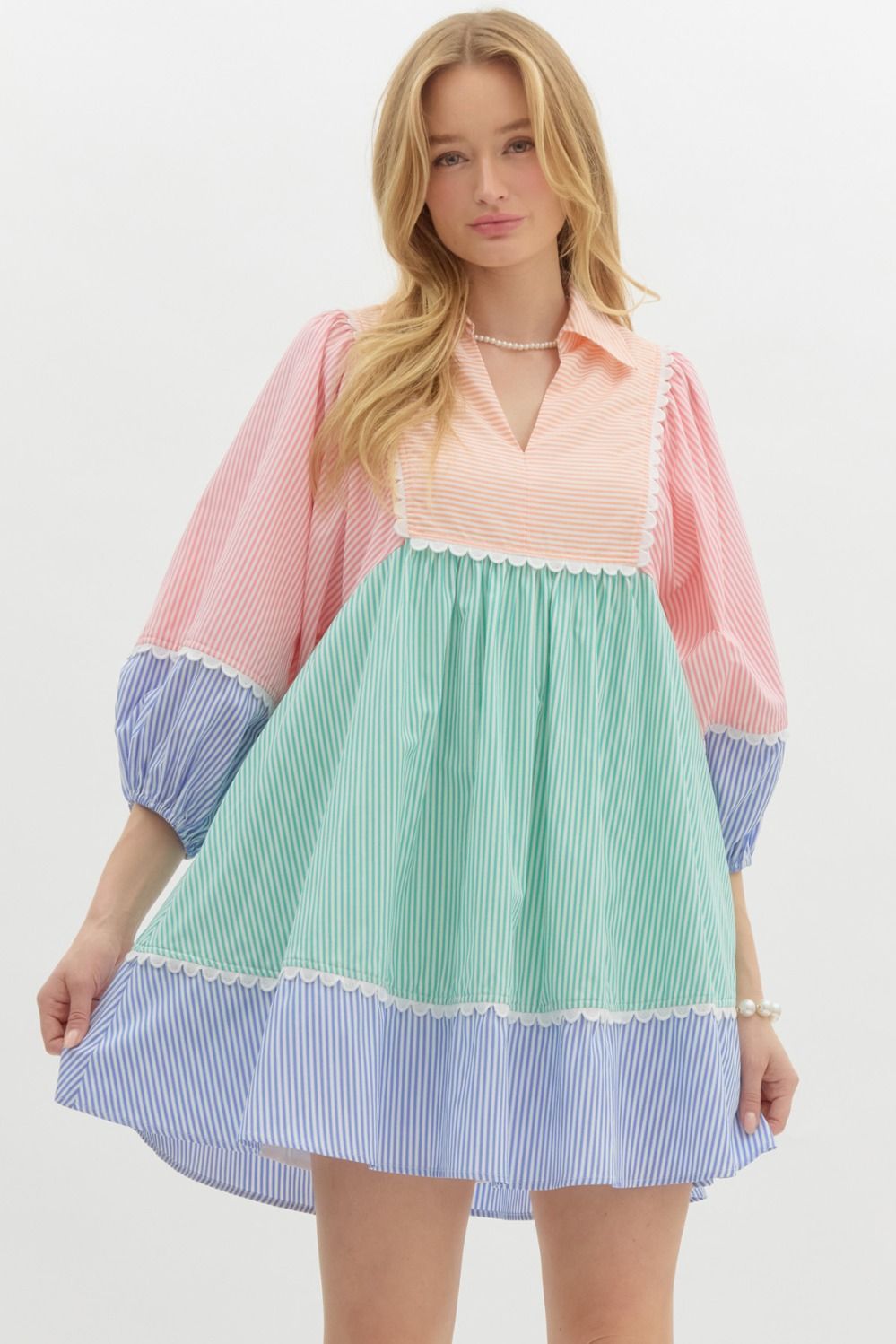 Orange Multi Striped Colorblock 3/4 Lantern Sleeve Babydoll Pullover Mini Dress Featuring Scallop Accent Trims. Pockets