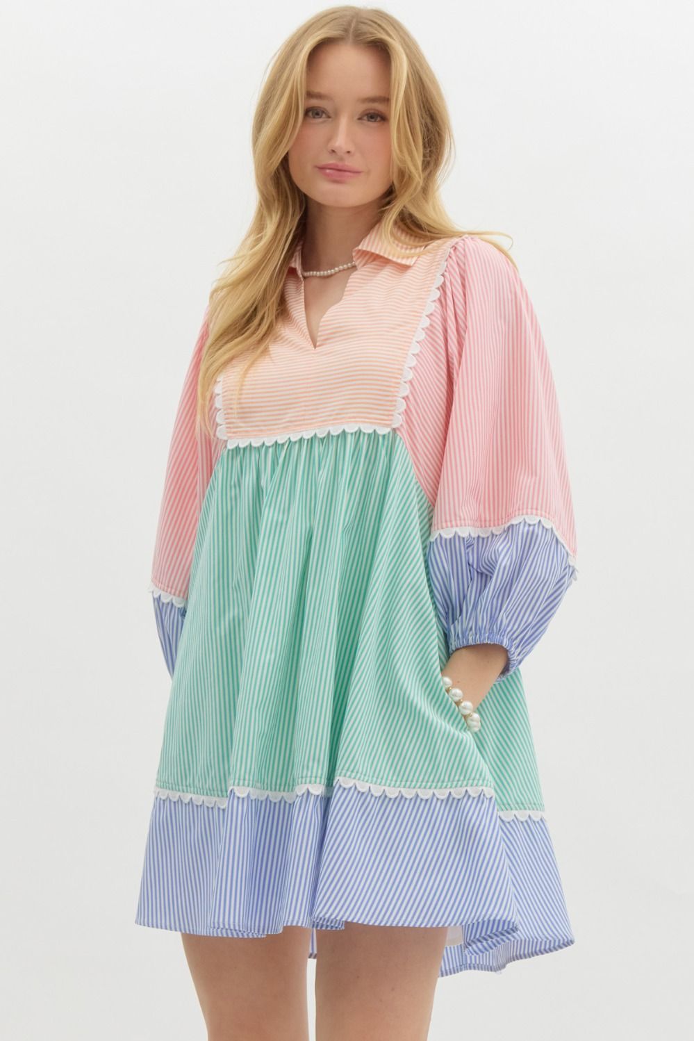 Orange Multi Striped Colorblock 3/4 Lantern Sleeve Babydoll Pullover Mini Dress Featuring Scallop Accent Trims. Pockets