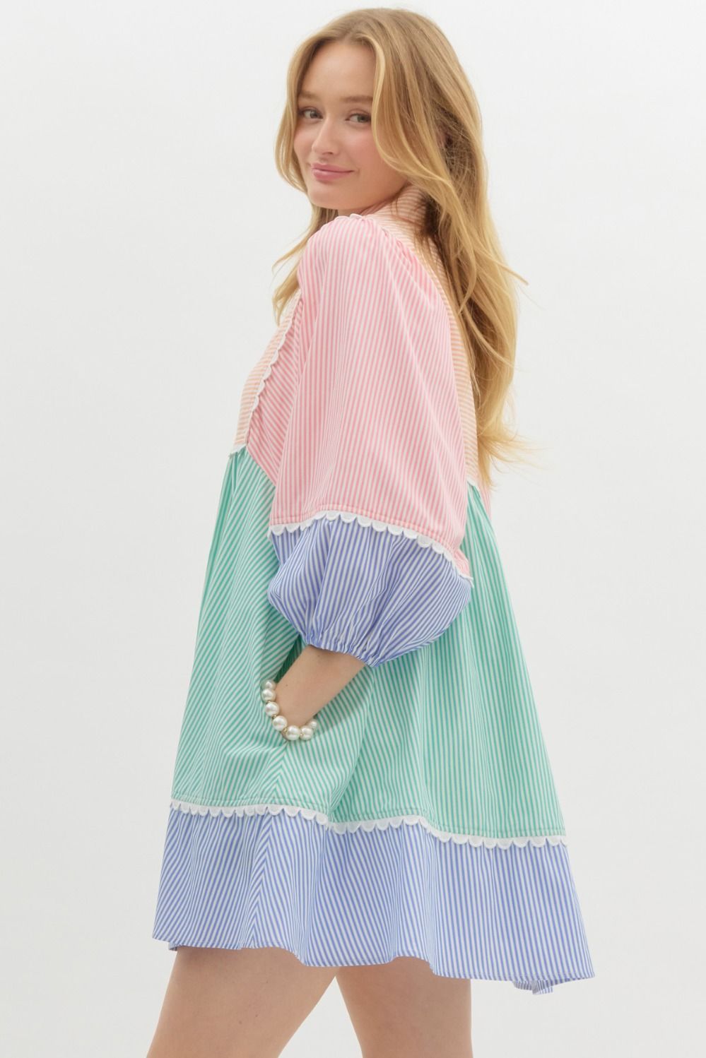 Orange Multi Striped Colorblock 3/4 Lantern Sleeve Babydoll Pullover Mini Dress Featuring Scallop Accent Trims. Pockets