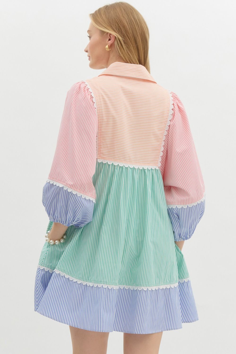 Orange Multi Striped Colorblock 3/4 Lantern Sleeve Babydoll Pullover Mini Dress Featuring Scallop Accent Trims. Pockets
