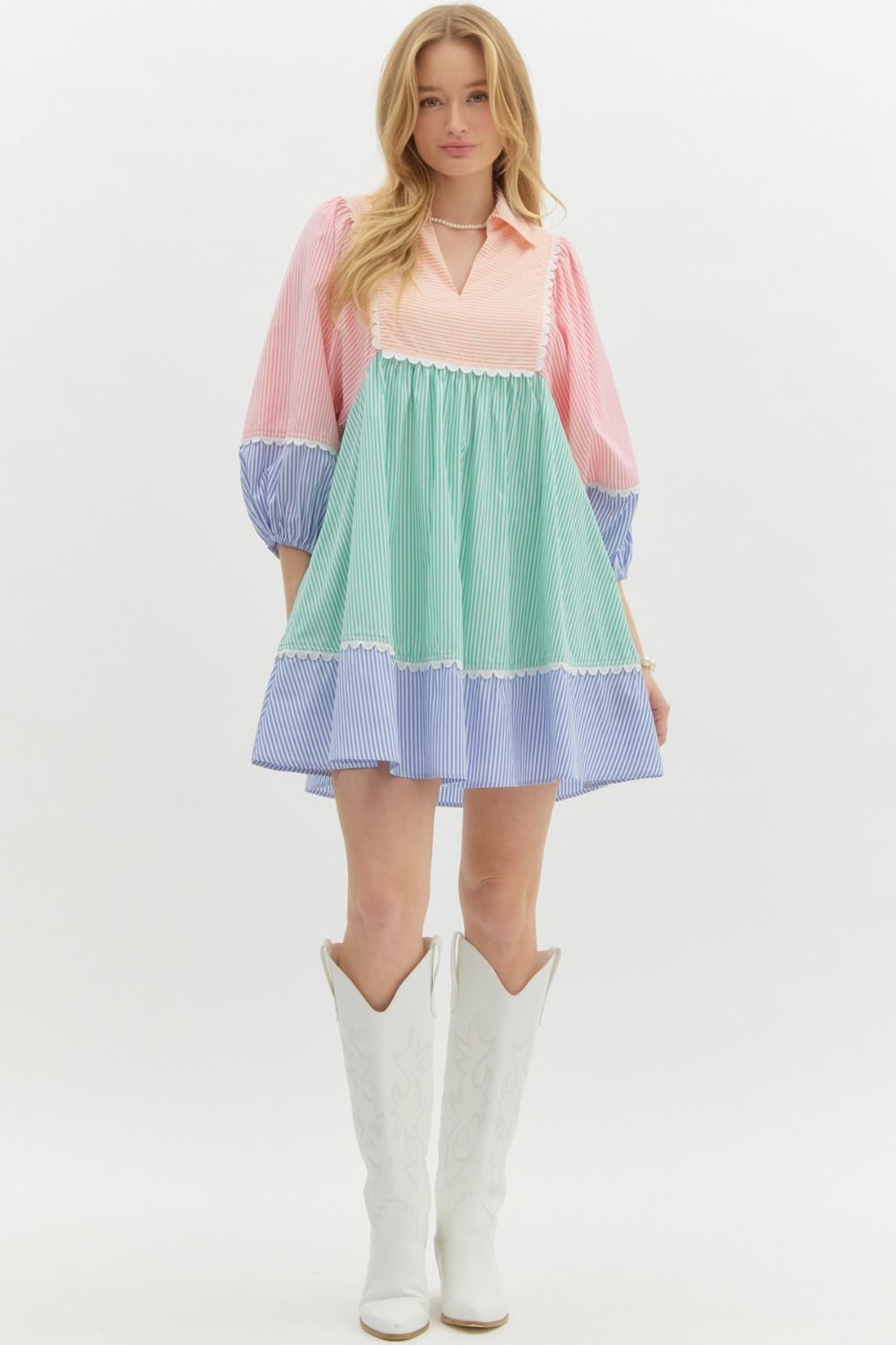 Orange Multi Striped Colorblock 3/4 Lantern Sleeve Babydoll Pullover Mini Dress Featuring Scallop Accent Trims. Pockets