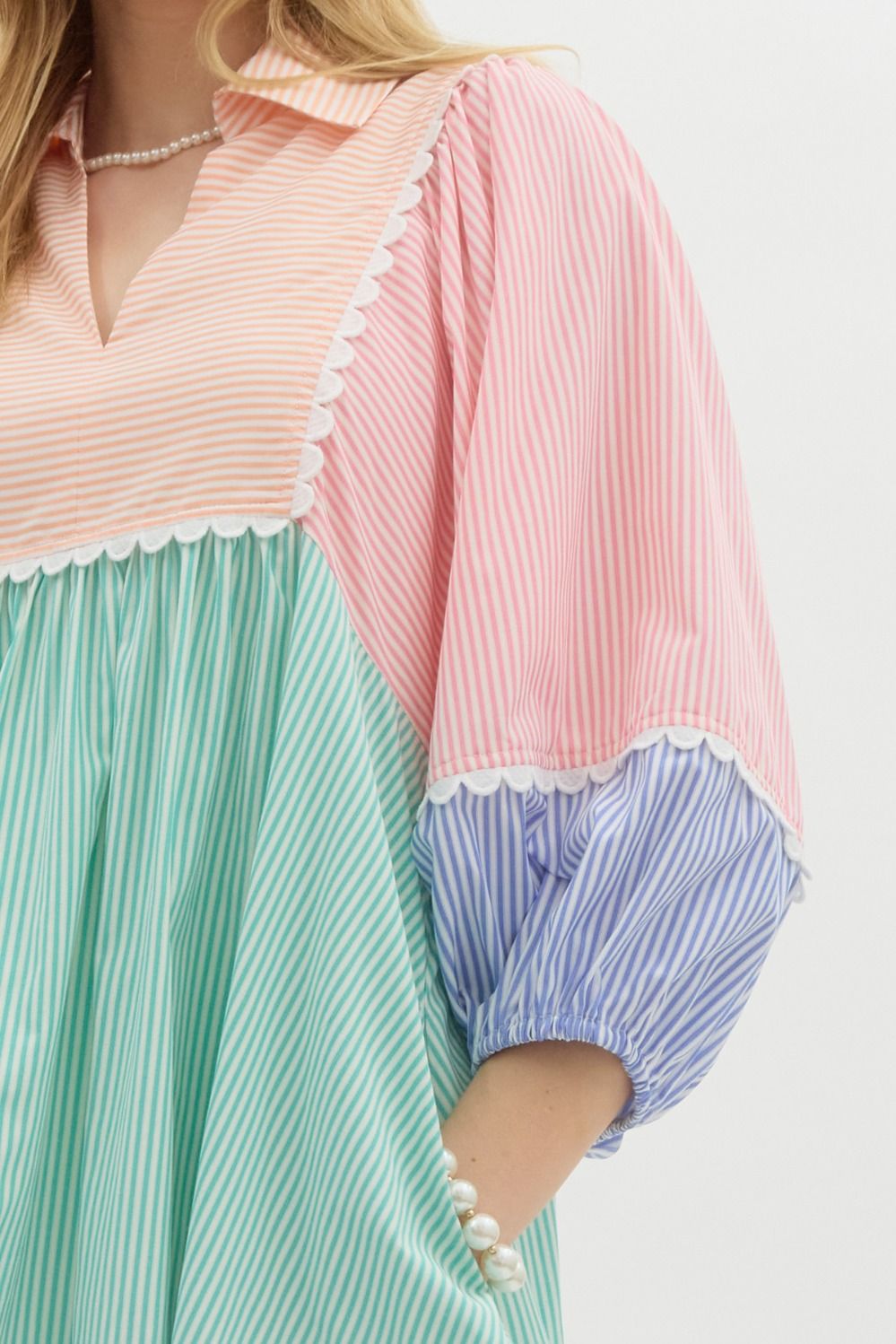 Orange Multi Striped Colorblock 3/4 Lantern Sleeve Babydoll Pullover Mini Dress Featuring Scallop Accent Trims. Pockets