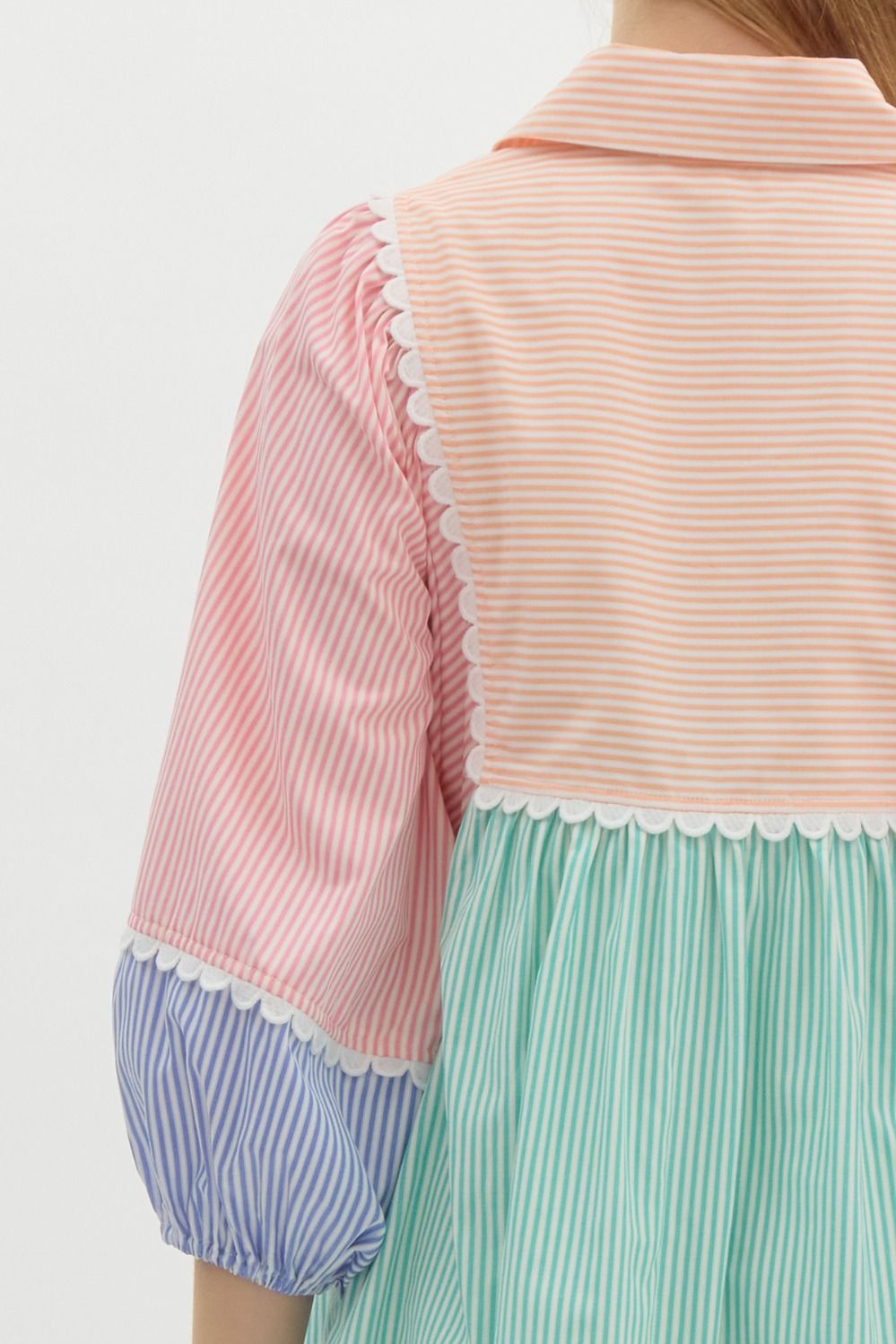 Orange Multi Striped Colorblock 3/4 Lantern Sleeve Babydoll Pullover Mini Dress Featuring Scallop Accent Trims. Pockets