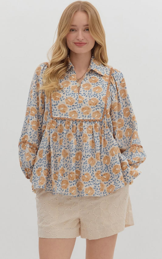 Camel Floral Print Top w/ Long Lantern Sleeve
