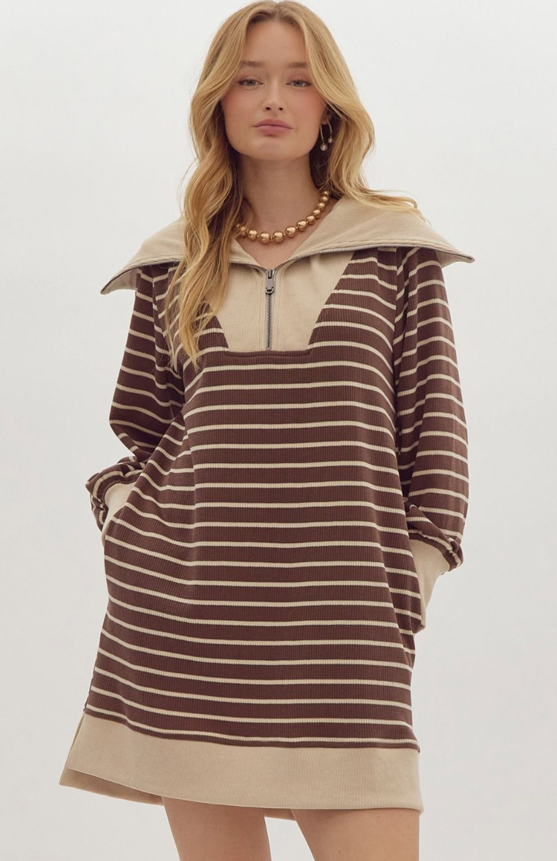 Stripe Print Ribbed Mini Dress with Oversized Collar