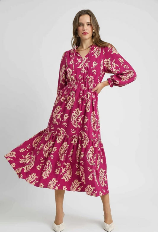 Magenta Paisley Print Midi Dress