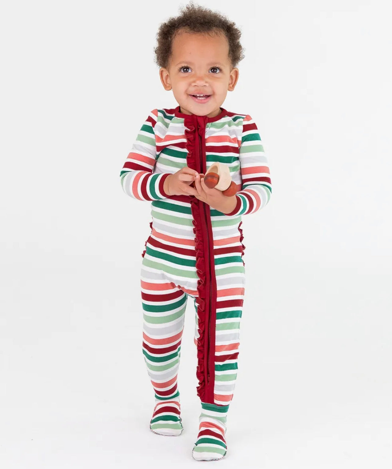 Holly Jolly Stripe Baby Girls Ruffled Footed One Piece Pajama