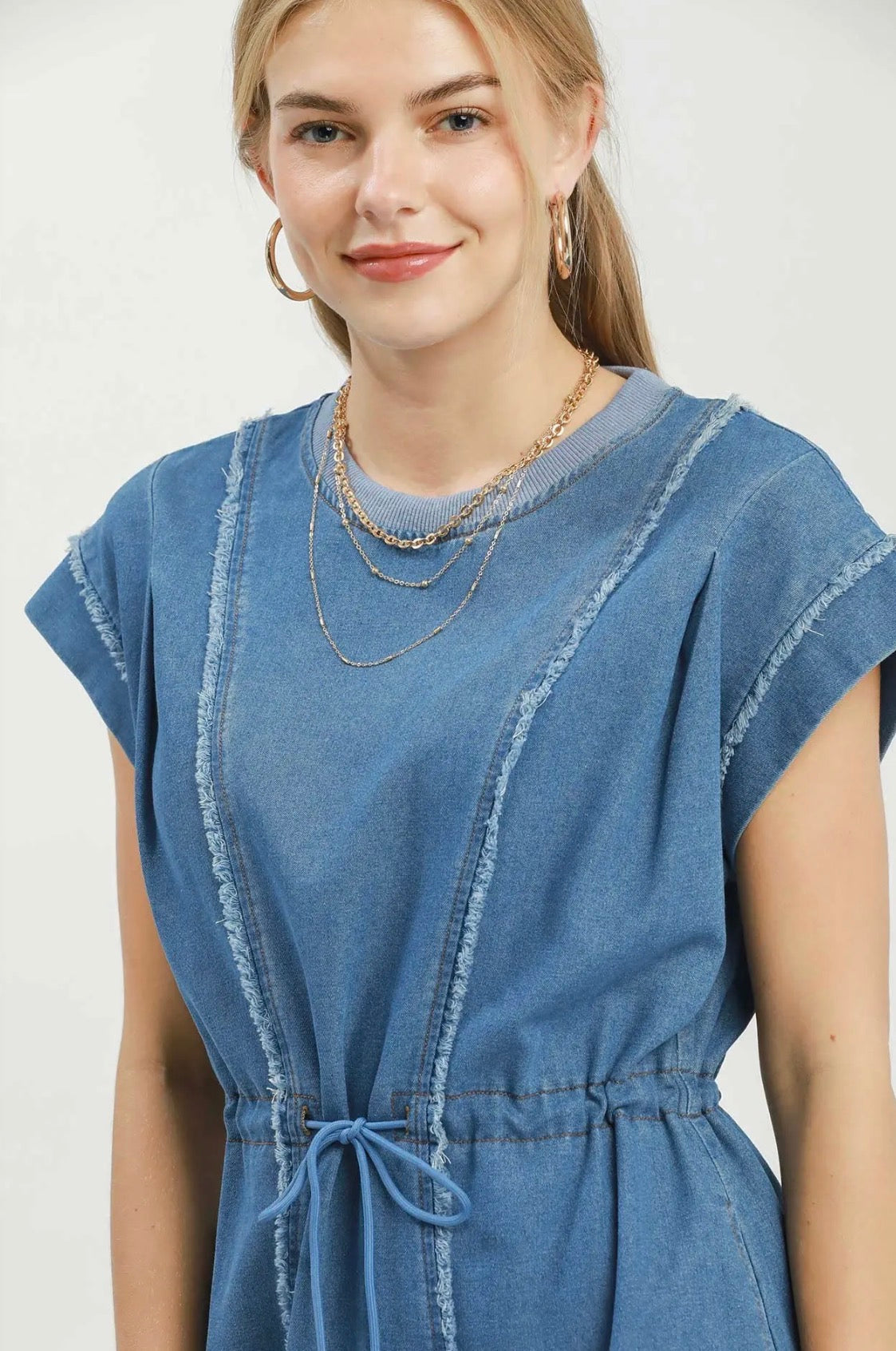 Lt. Denim- Drawstring Waist Frayed Denim Mini Dress – Mae Belles Boutique-882