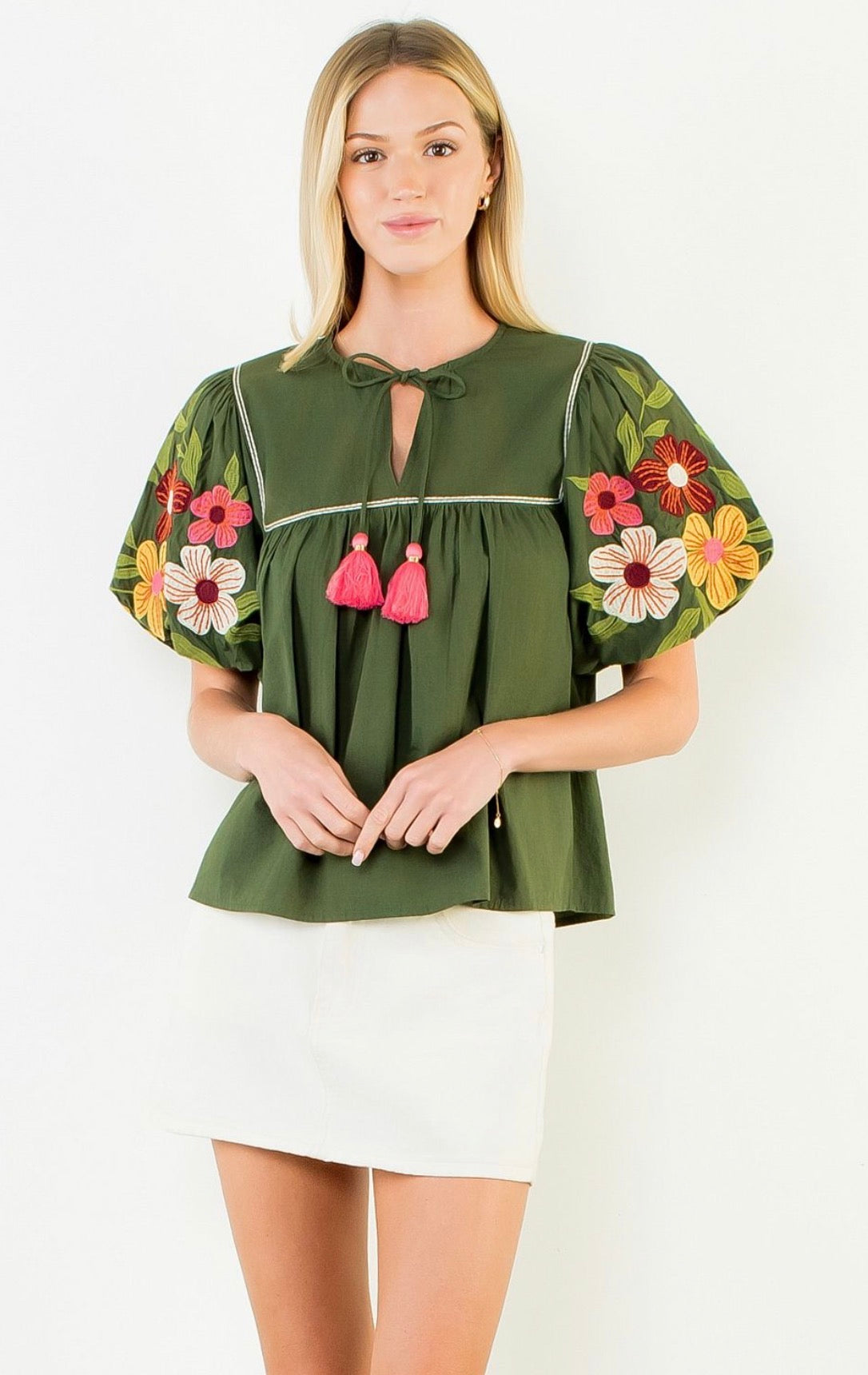 Olive- Floral Embroidery Puff Sleeves Tassel Top