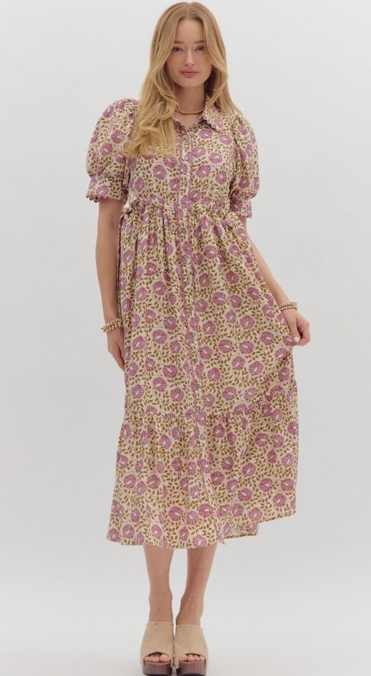 Purple Floral Midi Dress w/ Front Button Closure