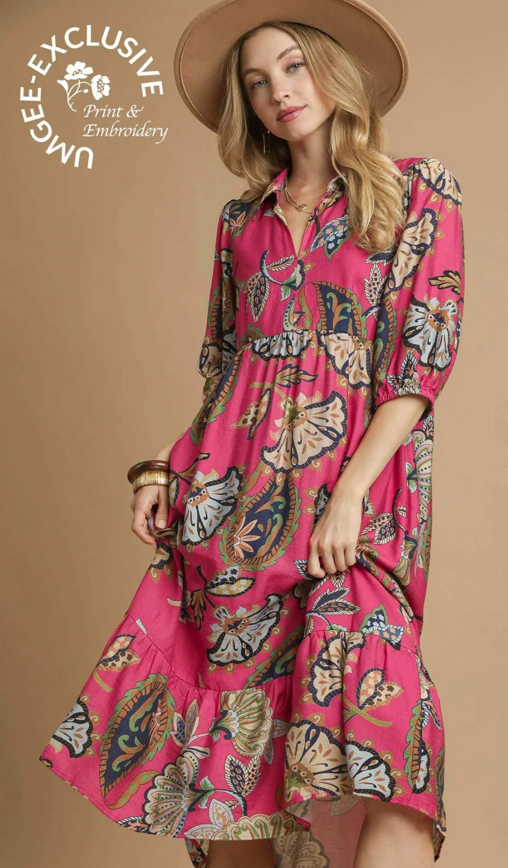 Pink- Boho Paisley Tiered Midi Dress