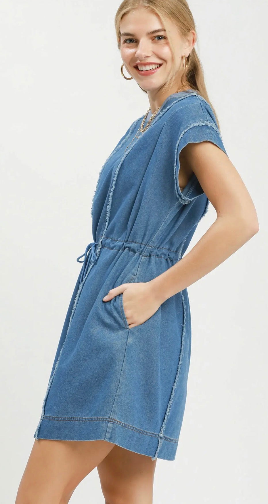 Lt. Denim- Drawstring Waist Frayed Denim Mini Dress
