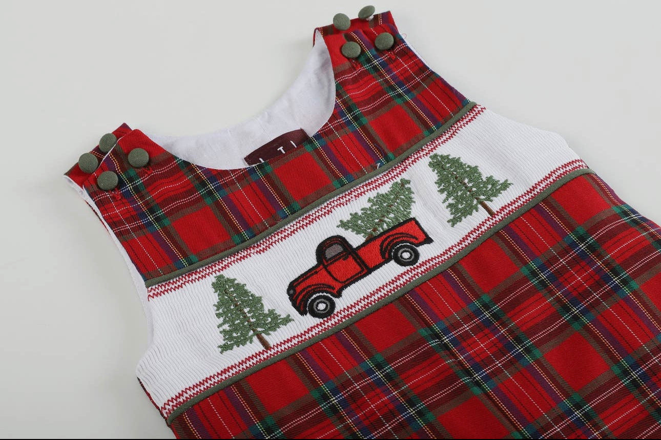 Red Plaid Truck and Tree Smocked Overalls