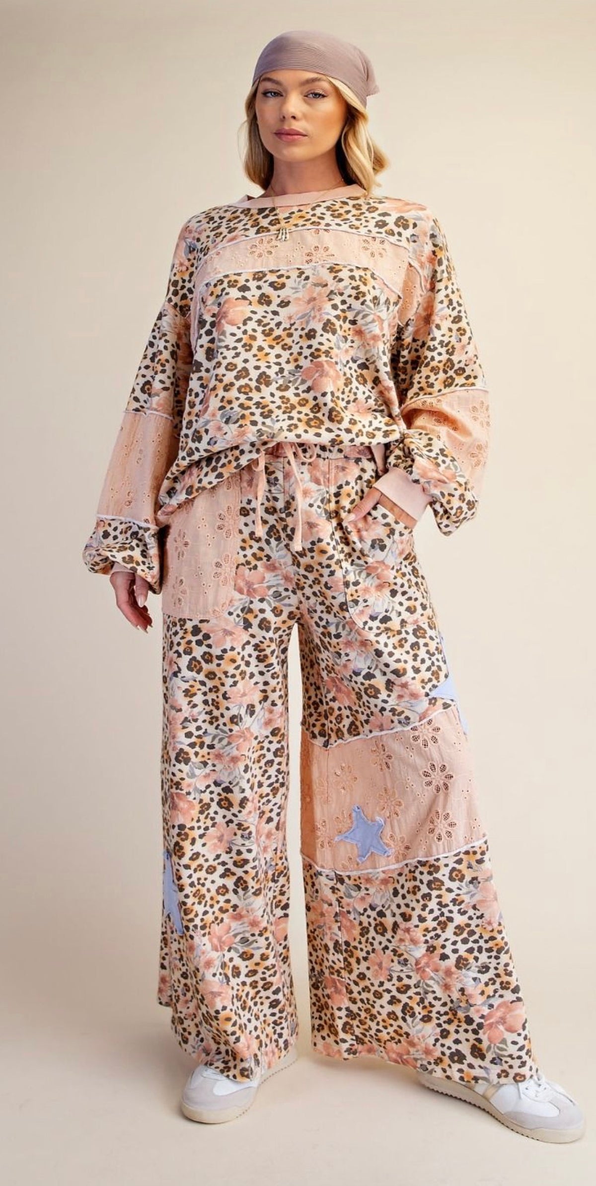 Animal Floral Print Terry Knit Pant