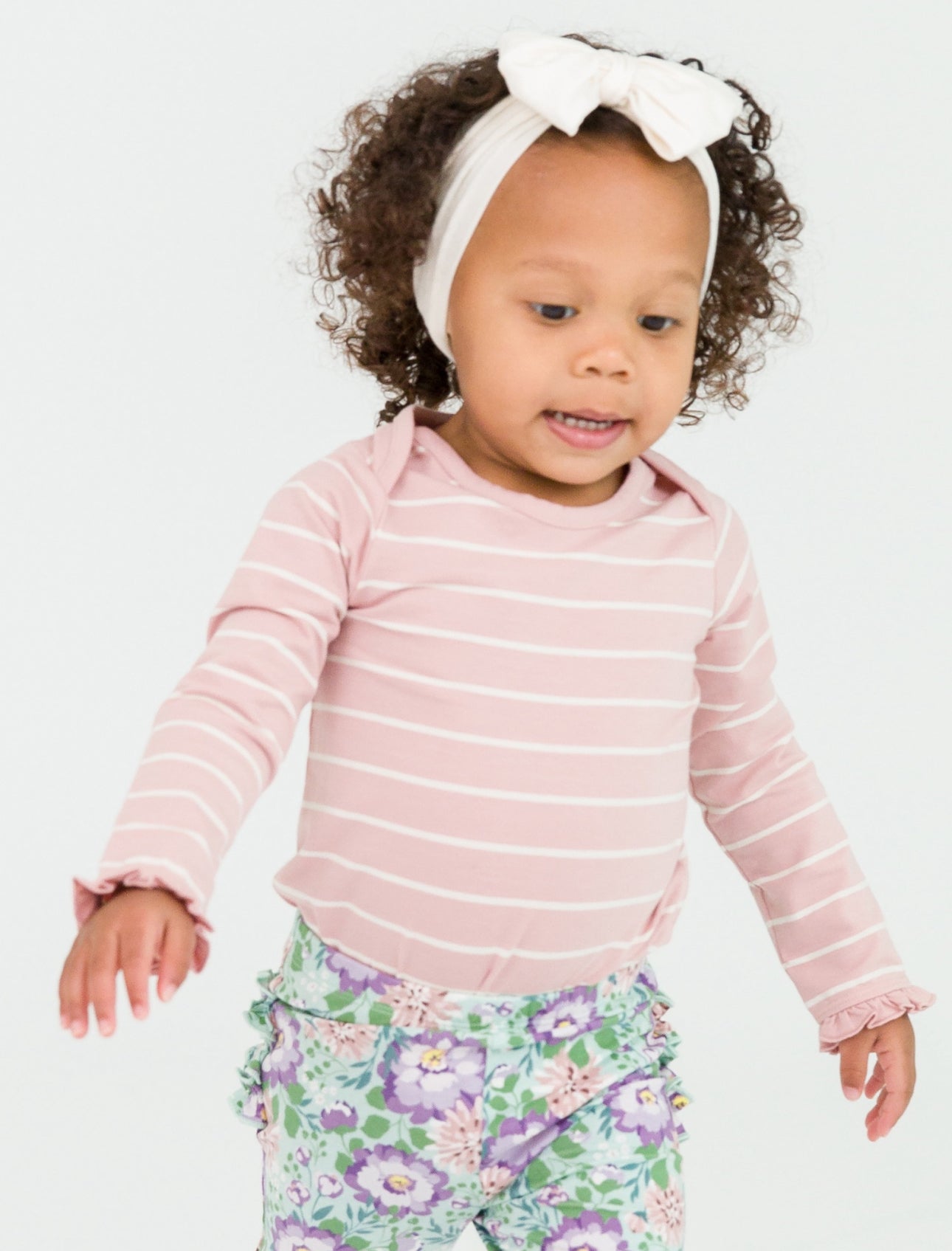 Knit Long Sleeve Ruffle Bodysuit, Pale Mauve and Ivory Stripe