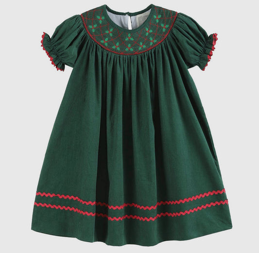 Green Christmas Mistletoe Smocked Bishop Dress