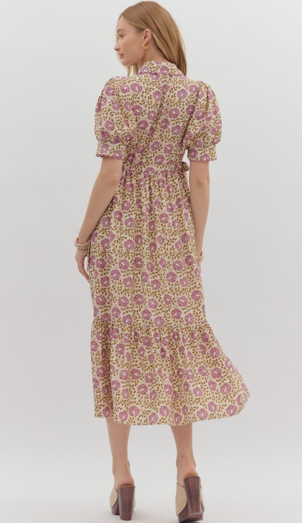 Purple Floral Midi Dress w/ Front Button Closure