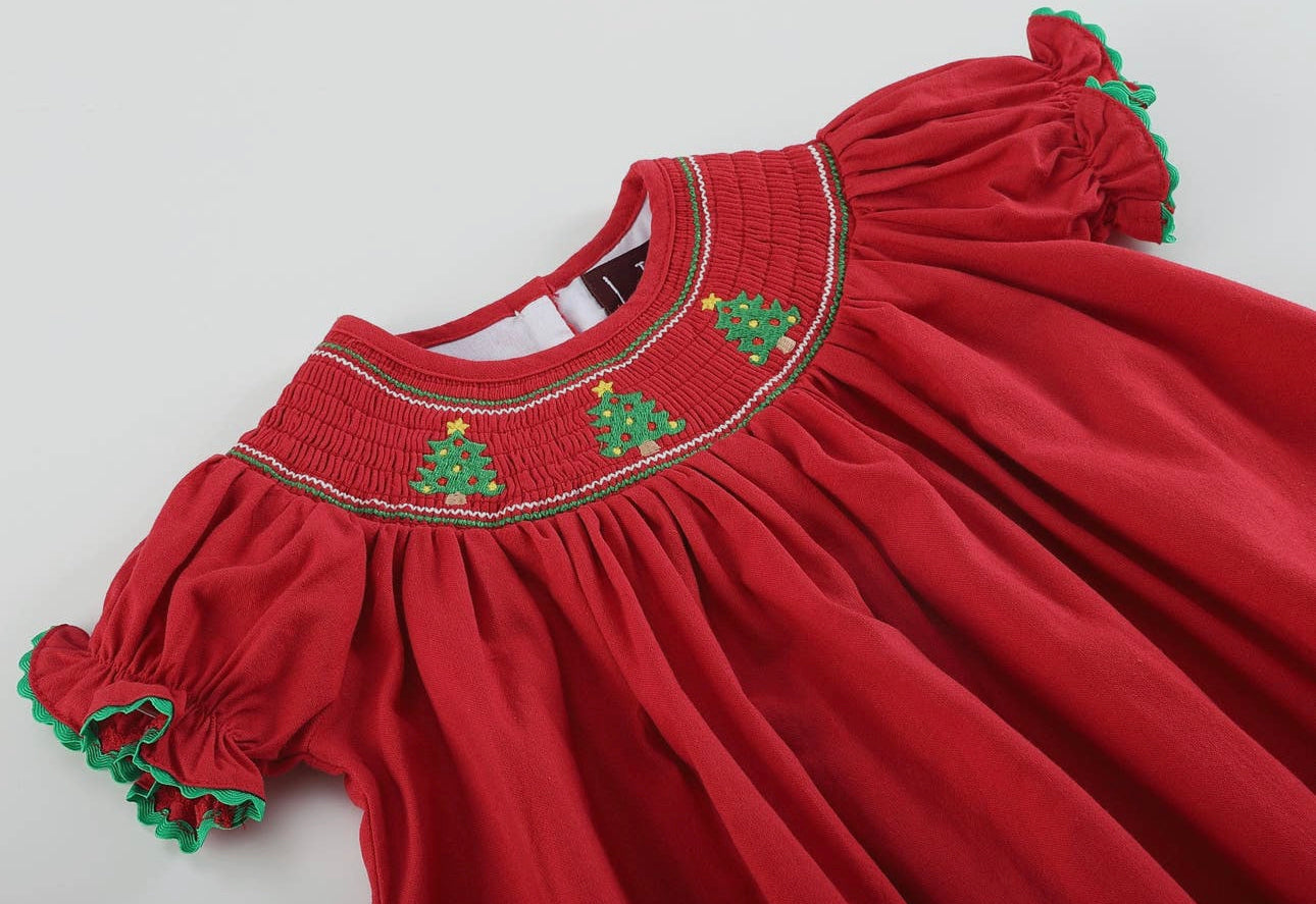 Red Christmas Tree Smocked Dress