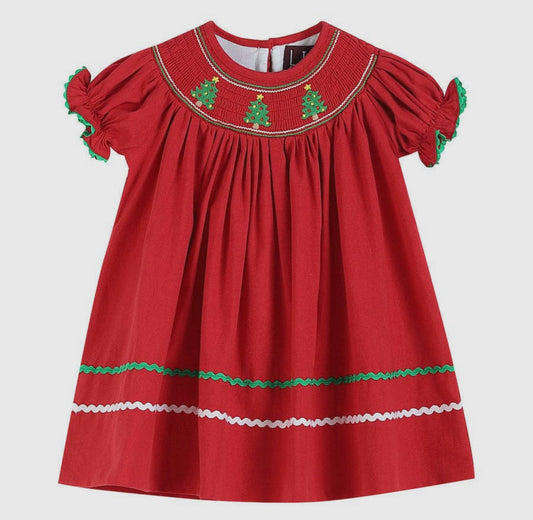 Red Christmas Tree Smocked Dress