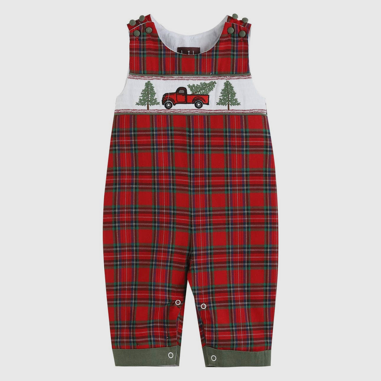 Red Plaid Truck and Tree Smocked Overalls